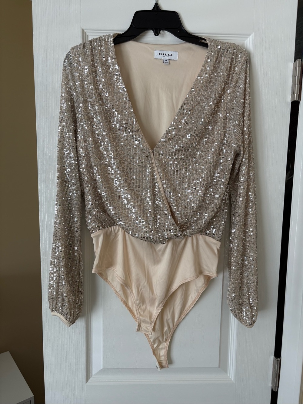 Gilli Champagne Sequin Wrap-Front Bodysuit